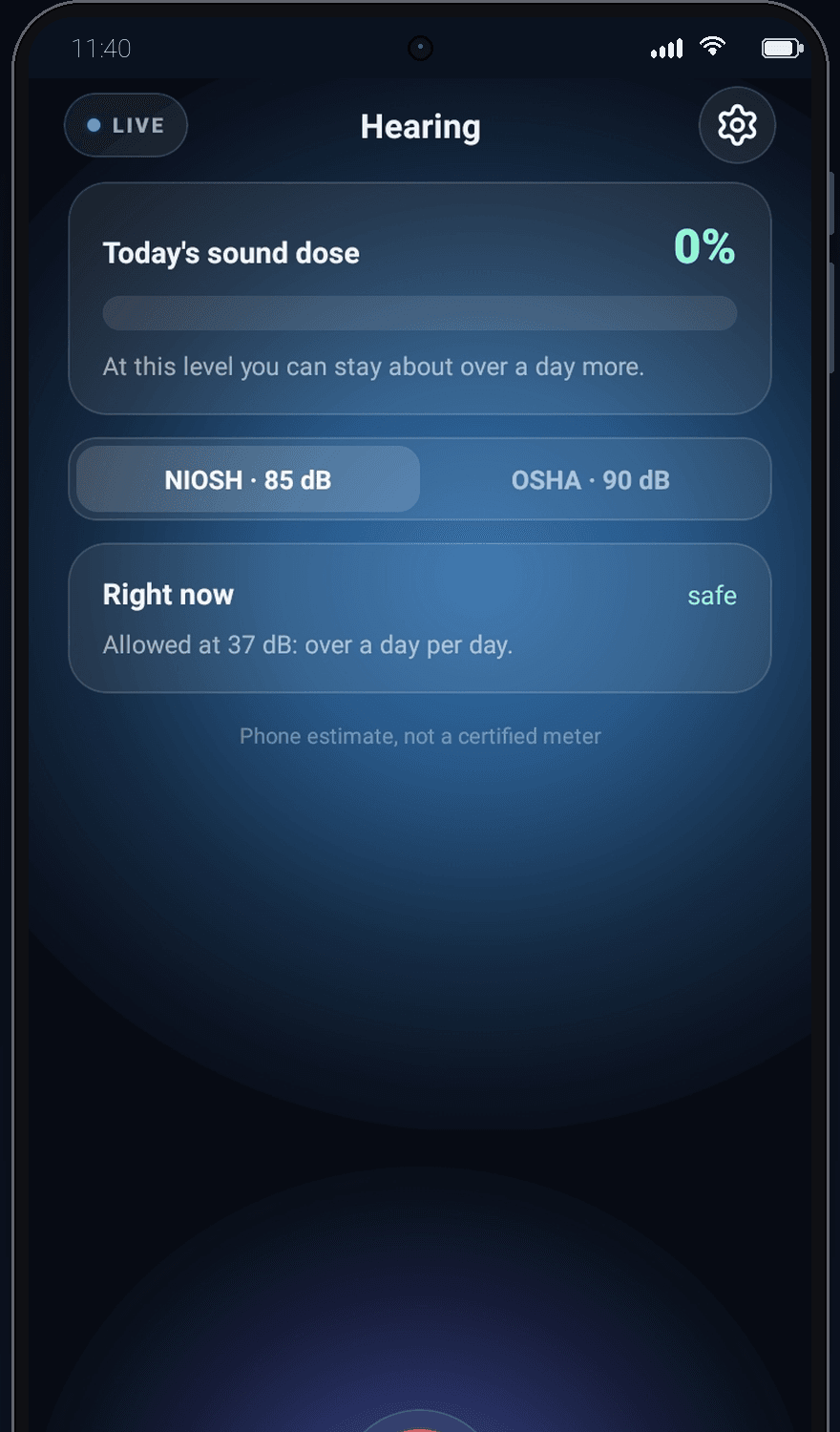 Din's Hearing tab showing today's sound dose at 0%, a NIOSH 85 dB and OSHA 90 dB toggle, and the currently allowed exposure time.